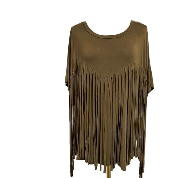 RARE Nordstrom POL army green distressed loose fringe tunic top - S/M - Picture 1 of 7